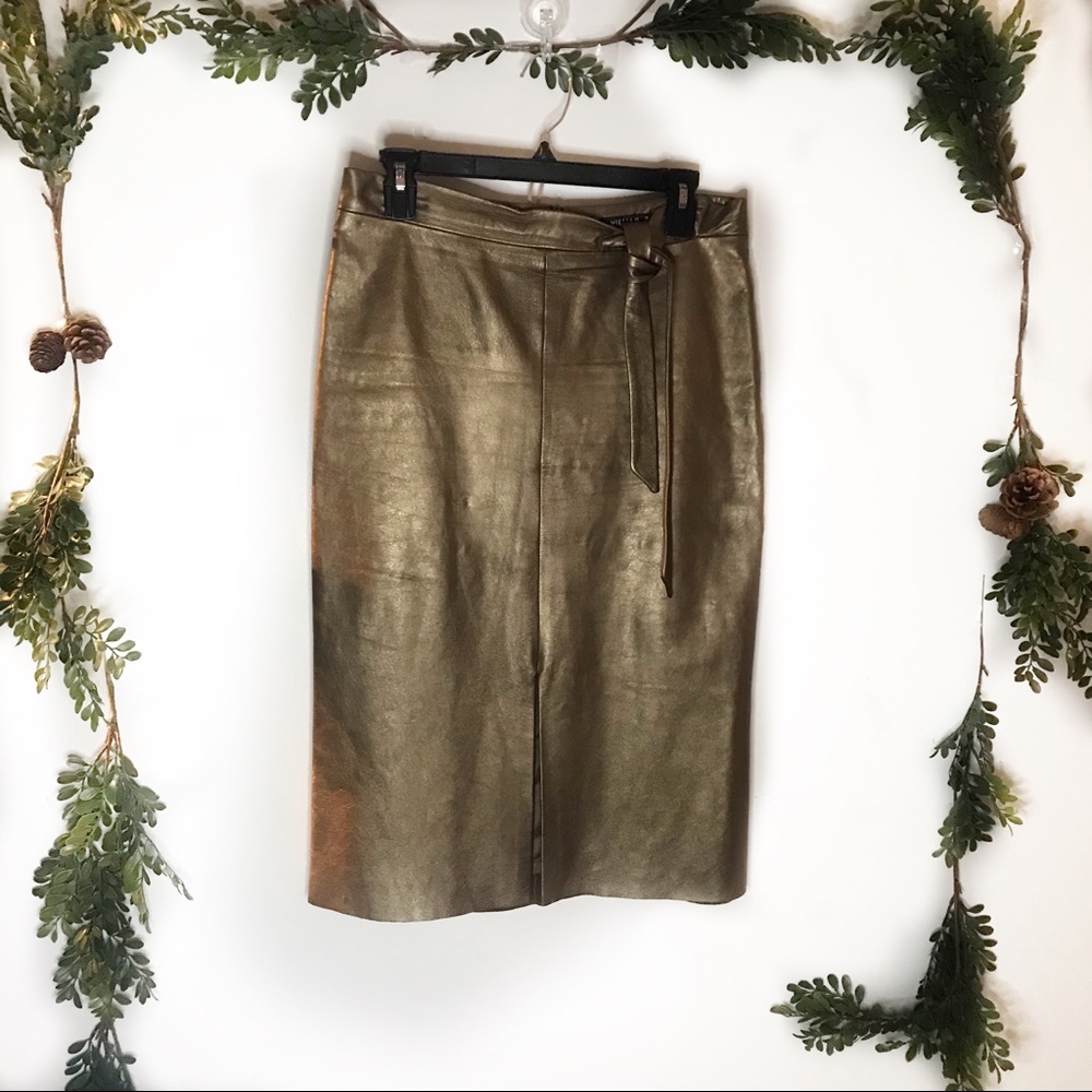 Lamb Skin Metallic Gold Pencil Skirt with Belt Tie